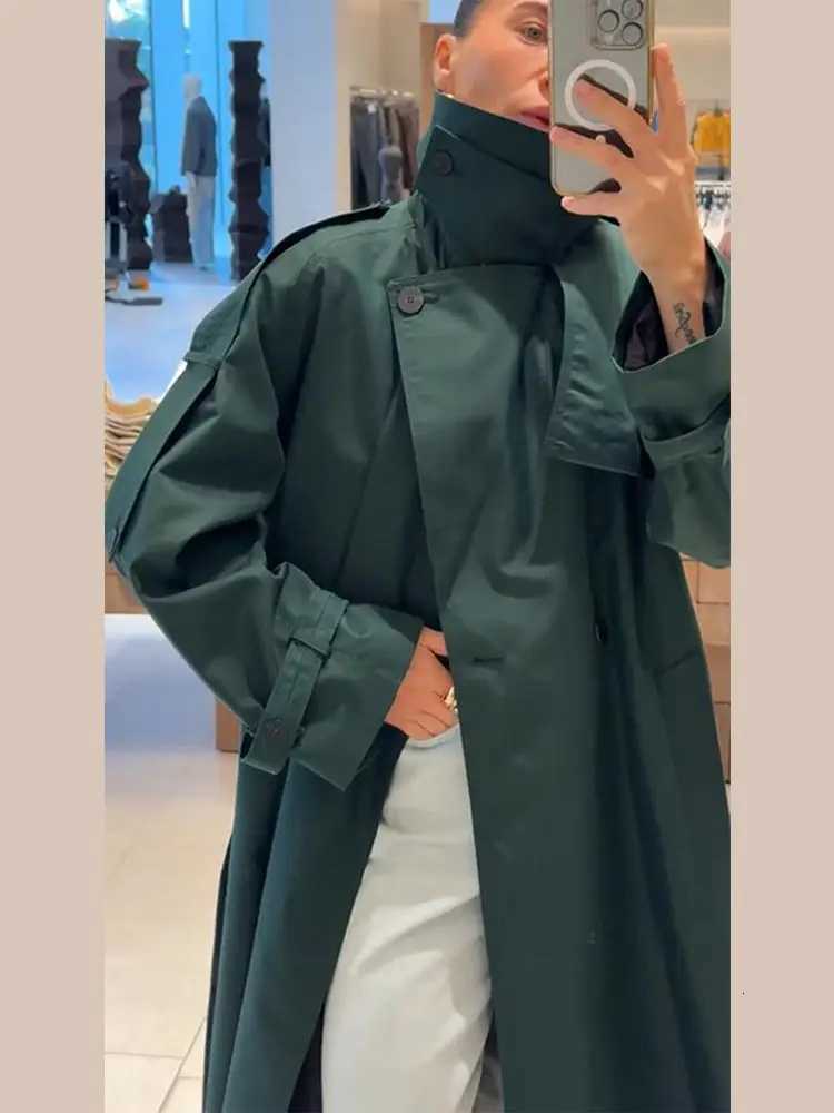 Chic Womens Long Trench Coat Stylish Stand Collar Belted Loose Windbreaker Outerwear Autumn New Dark Green Maxi Overcoat OutfitT251216