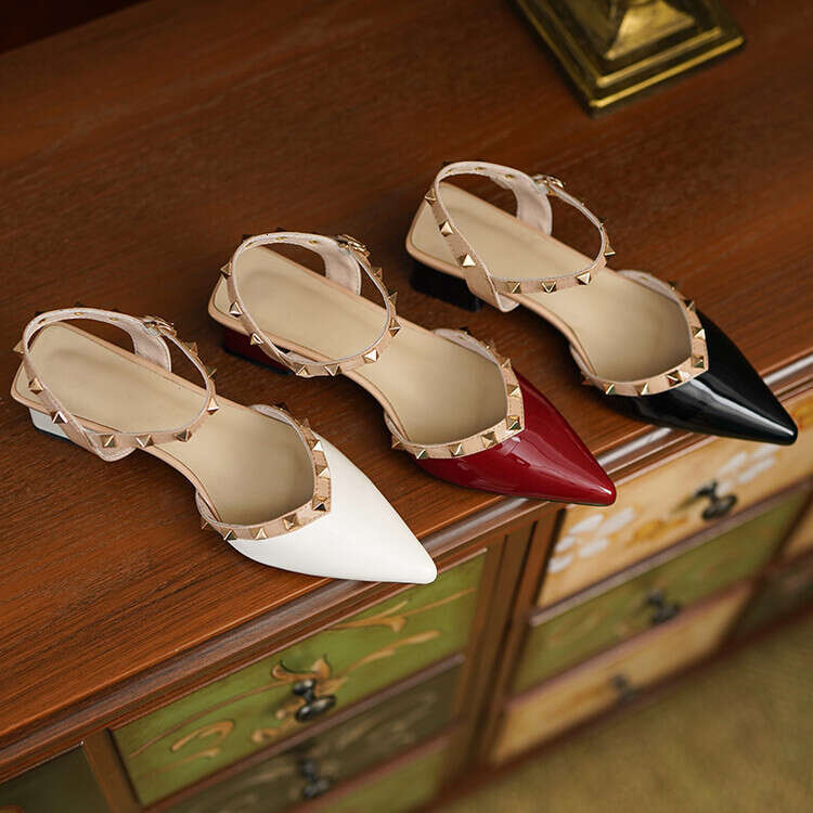 Baotou Studded Sandals 2023 New Summer Roman Pointed Toe Mid Chunky Heel Spring Autumn Women's Shoes Flat White