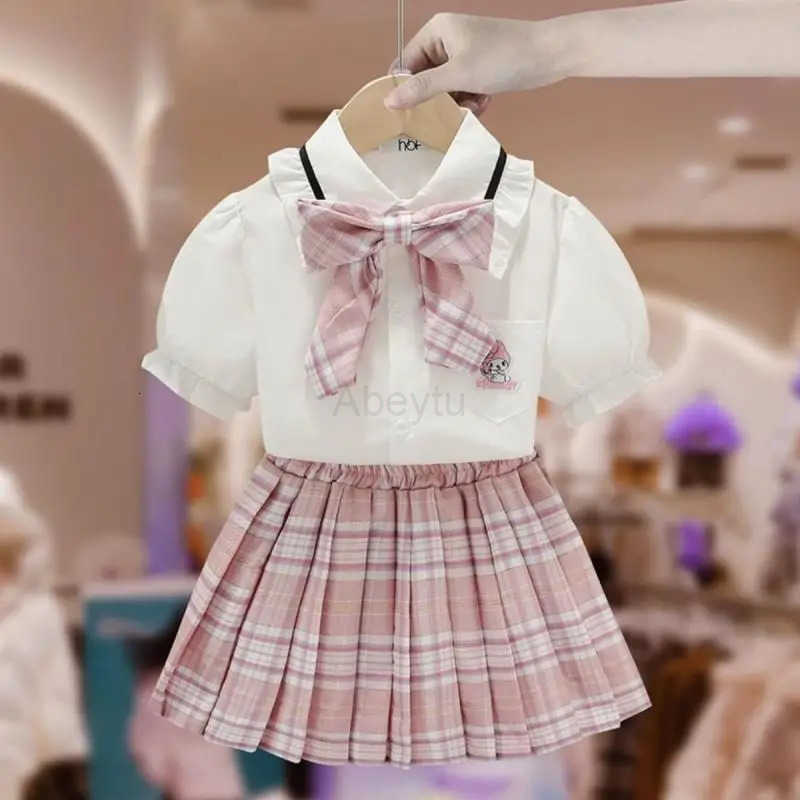Sanrio Sanrios Kuromi Short Sleeve 2Pcs Summer College Puff Sleeve Uniform New Style Girl Three-Dimensional Bow Sweet Versatile Skirt H251216