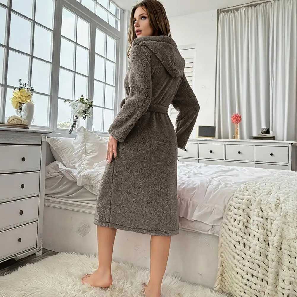 Womens Plush Long Robe with Belt Fuzzy Fleece Bathrobe Soft Hooded Bathrobe Fluffy Thick Warm Sleepwear with Pockets C251216