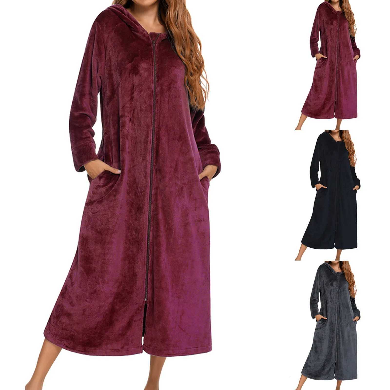 Womens Long-Sleeved Flannel Robe Autumn/Winter Cardigan Hooded Zipper Unisex Robe Pajamas Couples Outfit Hooded Plush Bathrobe C251216