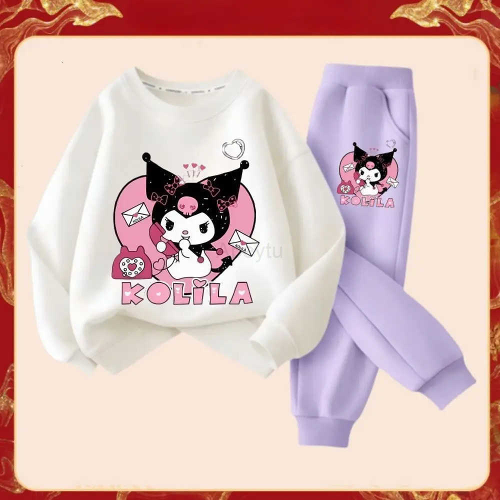 Sanrio Spring Autumn Childrens Clothes Sets Kids Cartoon Kuromi Sweater Pullover Tops Pants 2Pcs Letter Outfit Tracksuit H251216