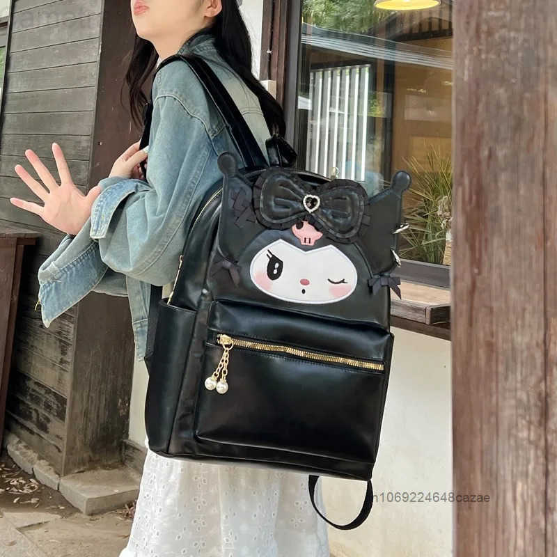 Sanrio Hello Kitty Kuromi My Melody Cute Leather Backpack Large Capacity Simple Trendy Shoulders Bag Sweet Girl Casual Backpack H251216