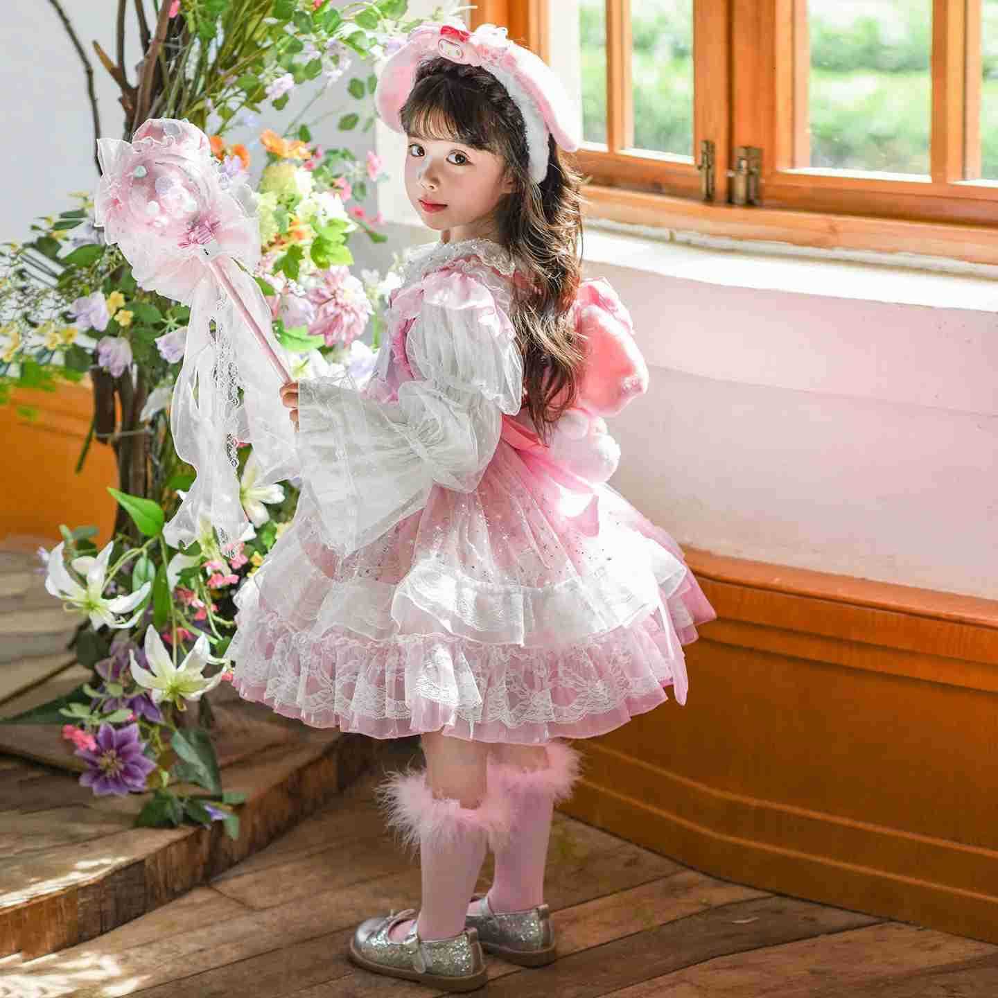 Sanrio Anime My Melody Vintage Lace Girls Lolita Dress with Ruffled Tutu Skirt Sequin Princess Layered Ball Gown for Kids Party Wear H251216