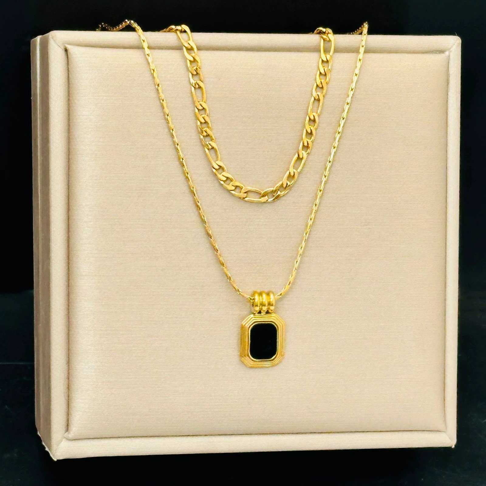 18K Gold Plated Necklace Stainless Steel Double Layers Black Square Pendant Necklace for Women M251216