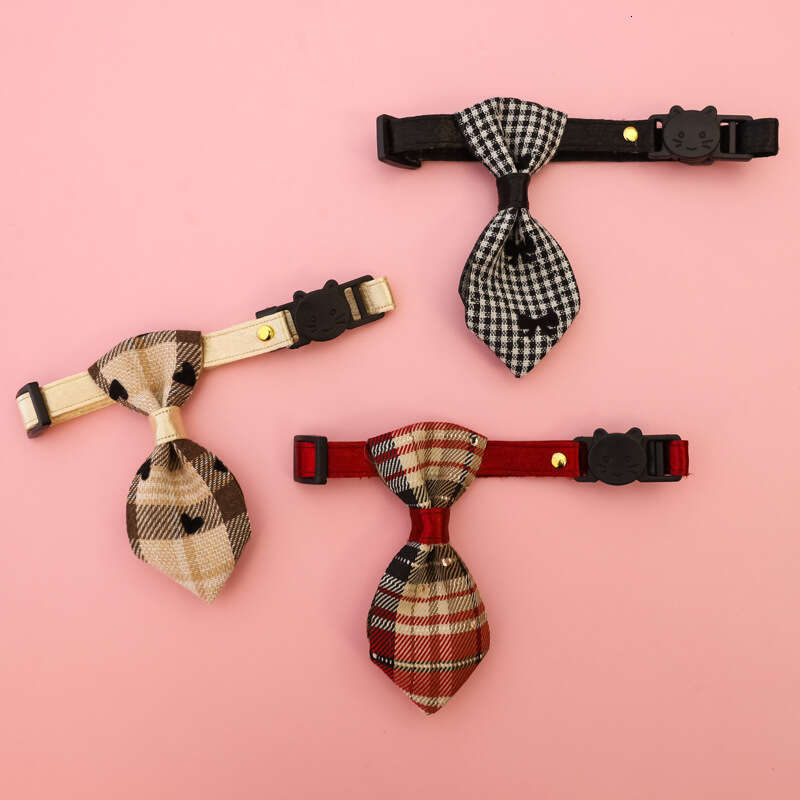 Pet Collar for Kittens and Dogs with Bell, Safety Buckle, Adjustable Necklace, Decorative Plaid Tie, Gentleman Wedding