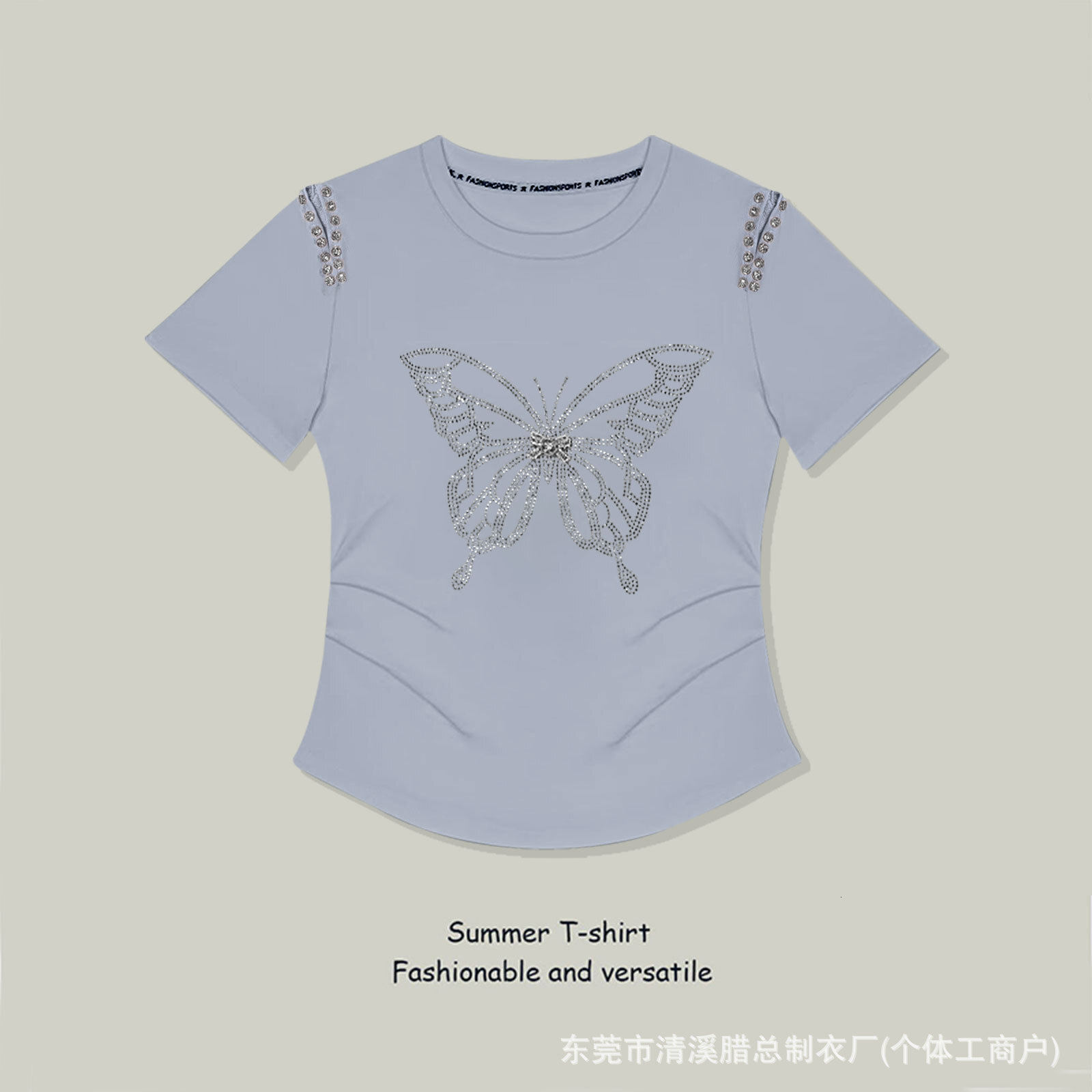 Designer Luxury Factory Direct Supply High Rate 100% Cotton Summer Round Neck Butterfly Rhinestone Short Sleeve T-shirt Women's Fashion Top Women