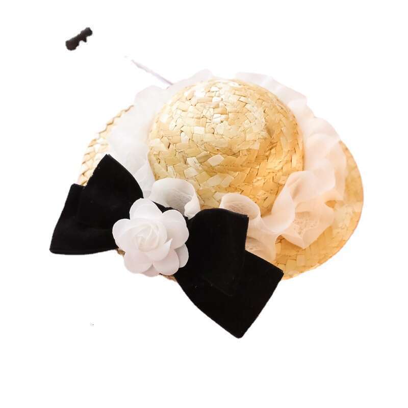 Pet Straw for Kittens and Dogs, Cute Knitted Hat with Summer Sunshade, Little Chanel Style Lace Bowknot Flower