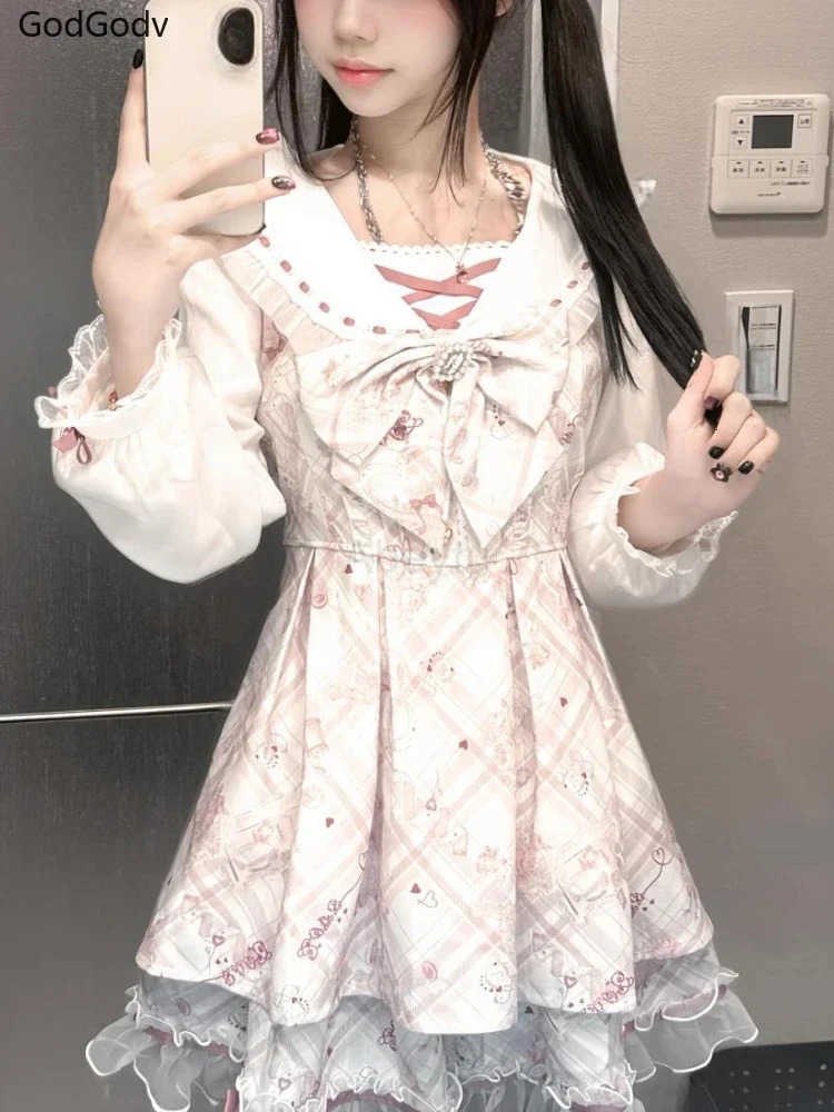 Sanrio 2025 Japanese Sweet Lolita Kawaii Dress Women Spring Printed Bow Fake Two Piece Dress Female Korea Style Design Party Clothing H251216