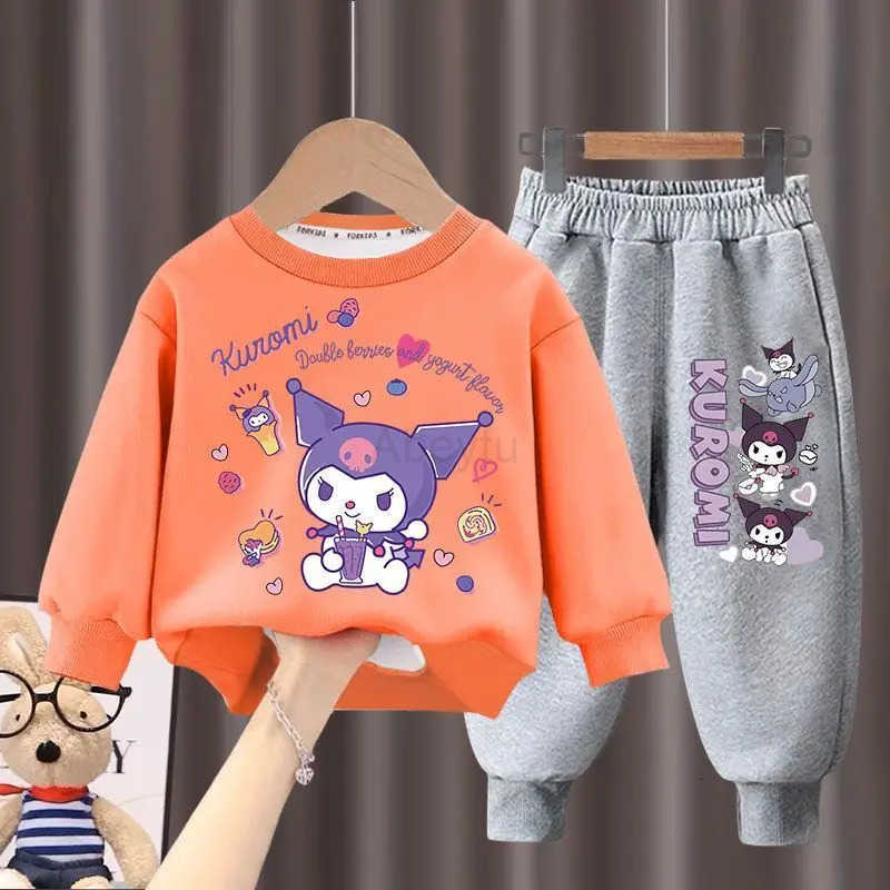 Sanrio Childrens Hoodies Sets 2025 Autumn New Long Sleeved Girls Sweatshirts Pants Two Piece Cute Kuromi Print Kids Tracksuits H251216