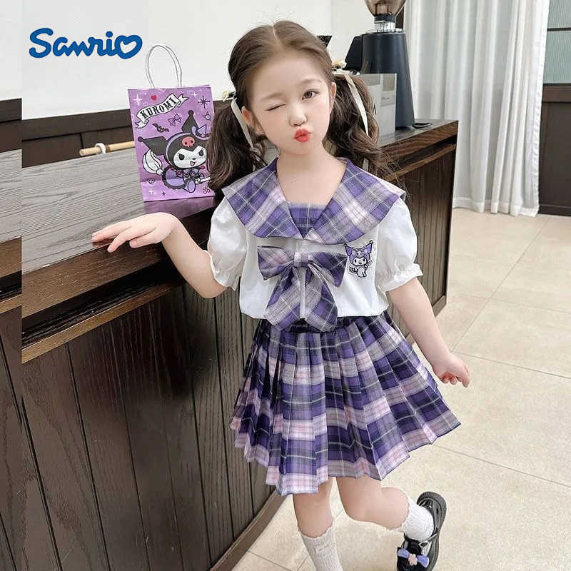 Sanrio Summer Kuromi Anime Kawaii Ins Fashion Short Sleeve Shirt Skirt 2025 New Cute Pleated Skirt Two-piece Set Clothes Gifts H251216