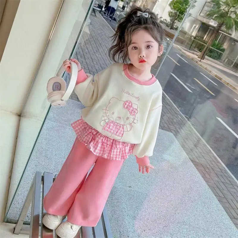 Sanrio Girl Clothes Set Autumn Kid Sweatshirts Pullover Hello Kitty Lace Trimmings TopPants 2pcs Suit Children Cute Tracksuits Outfit H251216
