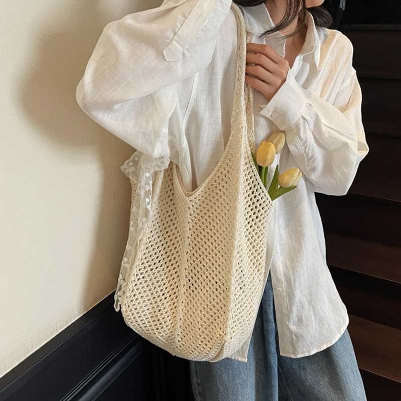 Women Crochet Tote Bag Fashion Knitted Large Capacity Woven Shoulder Bags Solid Color Simple Shopping Bag for Summer Beach M251216