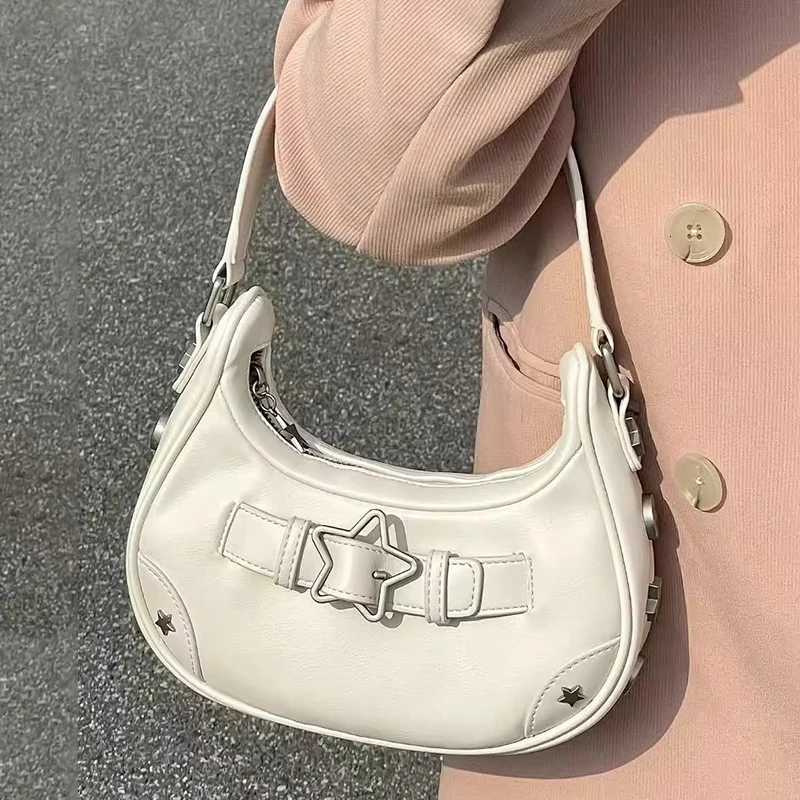 Vintage Casual Cute White Star Shoulder Underarm Tote Bag Ladies Sling Bags Leather Zip Purses Handbags For Women M251216