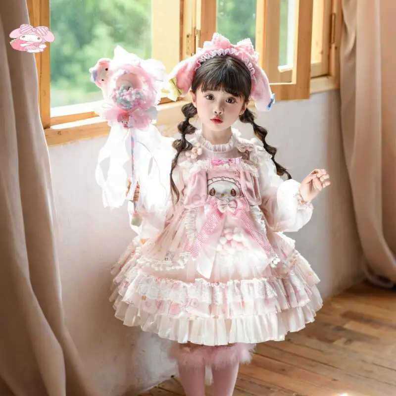 Sanrio My Melody Anime Girl Lolita Princess Dress with Lace Fluffy Skirt Bow Decoration Layered Festival Party Ball Gown for Kids H251216