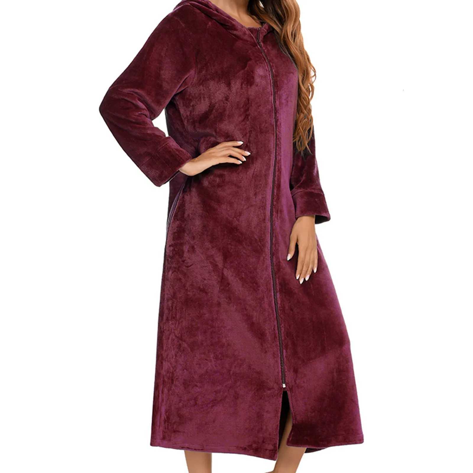 Womens Long-Sleeved Flannel Robe Autumn/Winter Cardigan Hooded Zipper Unisex Robe Pajamas Couples Outfit Hooded Plush Bathrobe C251216