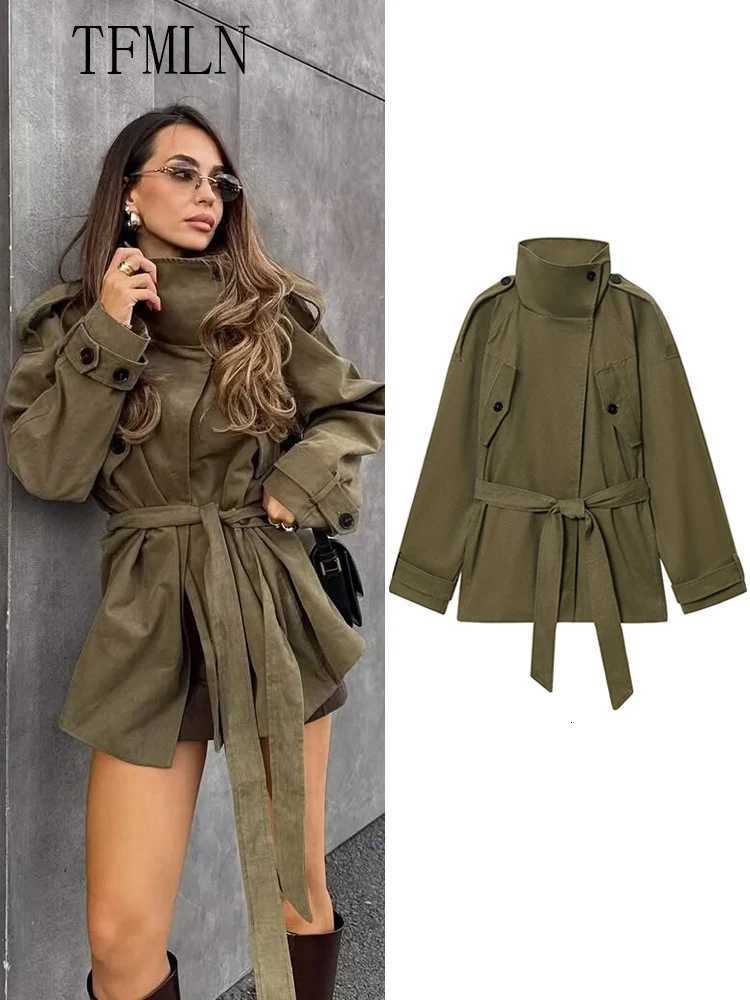 TFMLN 2025 Autumn Winter Women Lace Up Trench Coats Fashion Full Sleeve Pockets Causal Outwear Loose Stand Collar WindbreakerT251216