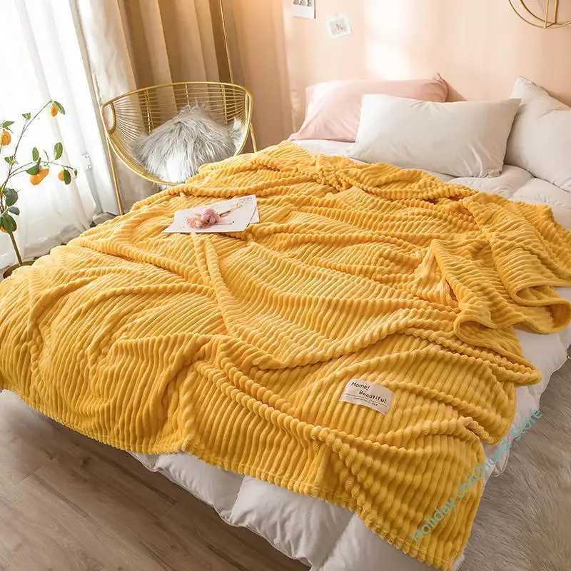 Blankets for Beds Solid Yellow Color Soft Warm 300GSM Plaid Square Flannel Blanket On the Bed Thickness Throw Blanket H251216 - view 7