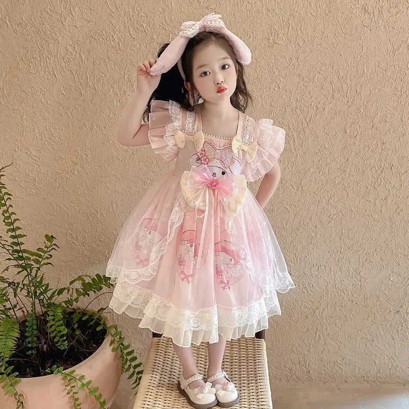 Sanrio Girl My Melody Princess Dress Kawaii Kids Lolita Cinnamoroll Yarn Skirt Children Clothing Ceremonial Dress Birthday Gift H251216