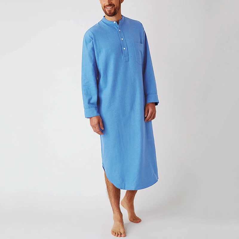 Mens Cotton Button-down Sleep Robe Solid Color Stand Neck Long Sleeve Nightgown Fashion Comfortable Home Wear Loose Bathrobe C251216