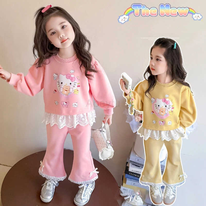 Sanrio Autumn Baby Girl Clothes Set Kid Hello Kitty Printed Sweatshirts Pullover TopPants 2pcs Suit Children Sweet Tracksuits Outfits H251216