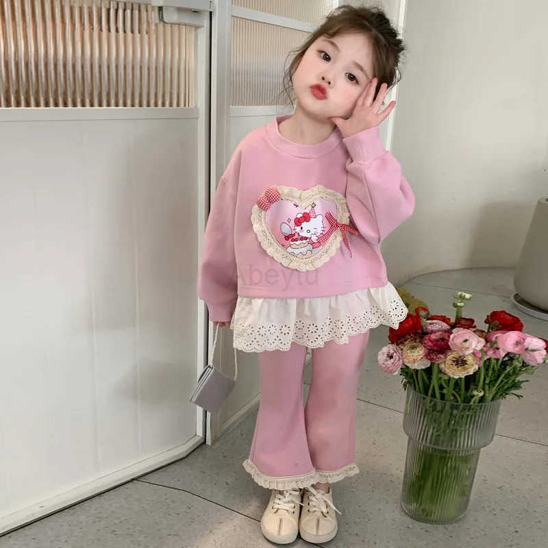 Sanrio Girl Clothes Set Autumn Kid Sweatshirts Pullover Hello Kitty Top Bell-bottoms Pants 2pcs Suit Children Sweet Tracksuits Outfit H251216