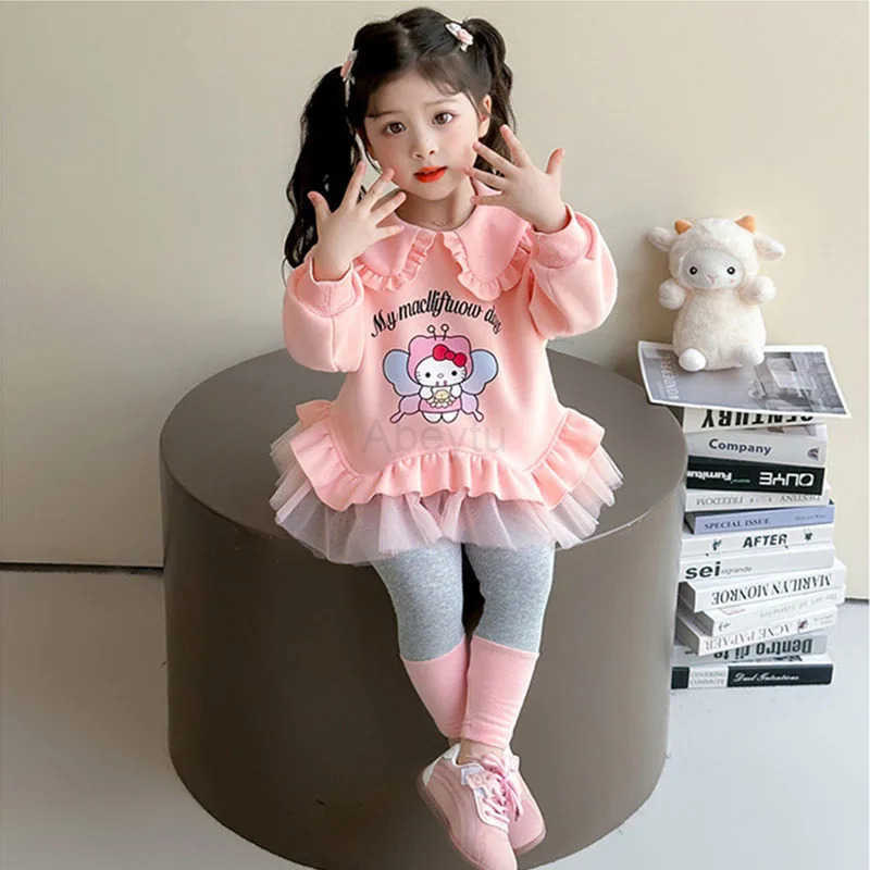 Sanrio Two-Piece Set Hello Kitty Spring Autumn Girl Cartoon Autumn Clothing Outdoors Sweet Cute Mesh Peter Pan Collar Hoodie Leggings H251216