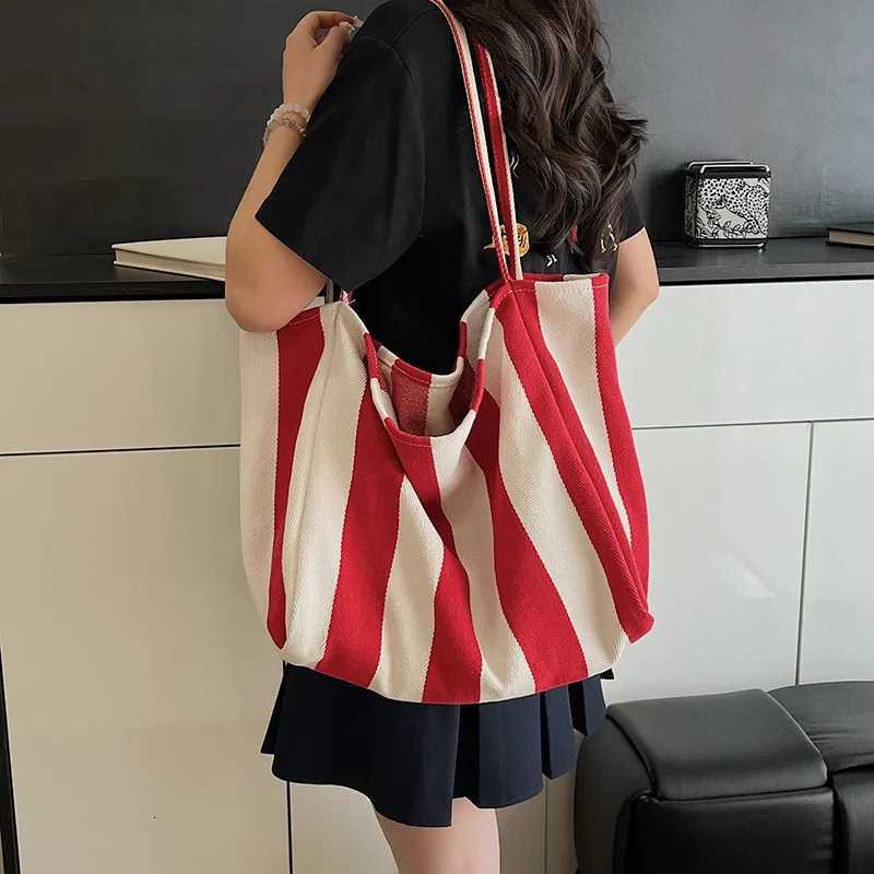 Summer Stripe Canvas Tote Bag Female Casual Large Capcity Simple Shoulder Bags Shopping Handbag Daily Totes Bag M251216