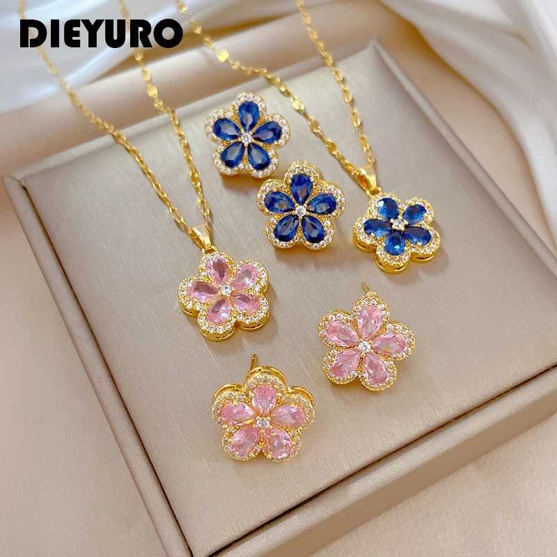 DIEYURO 316L Stainless Steel Lovely Blue Pink Flowers Pendant Necklace Earrings For Women Girl Trendy Jewelry Set Gift Party M251216