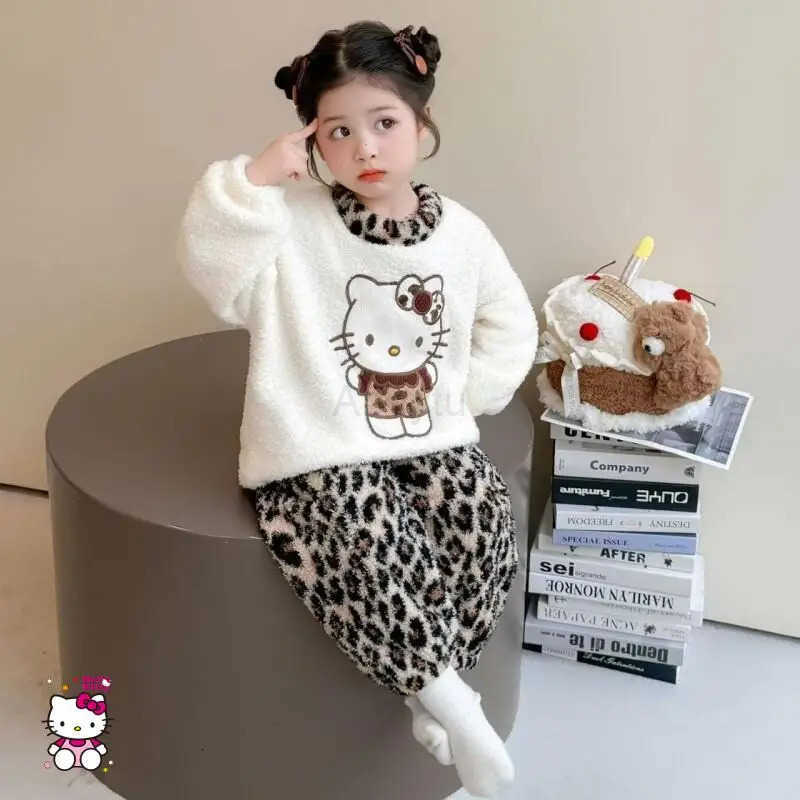 Sanrio Hello Kitty Girls Coral Thickened Velvet Cute Winter Set Home Clothes Kawaii Y2k Anime Childrens Clothing Baby Flannel H251216