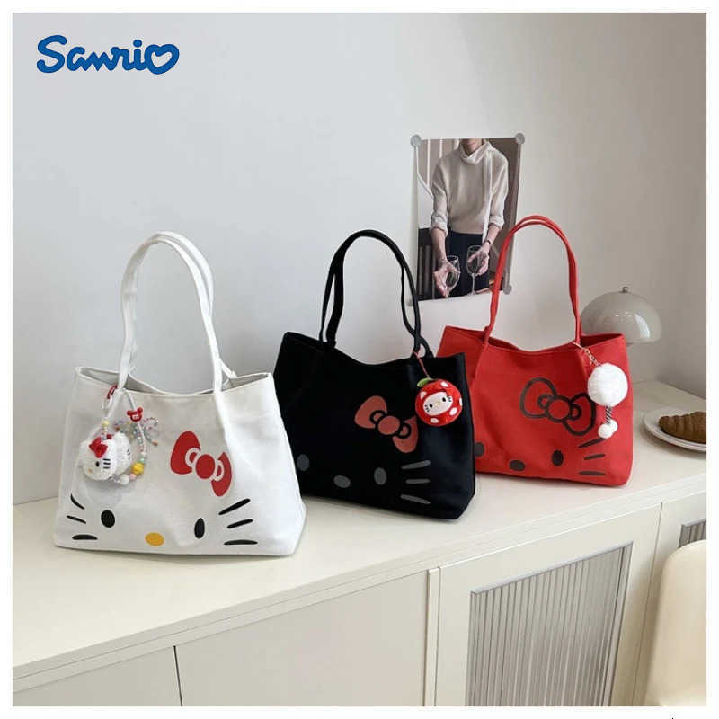 Sanrio Hello Kitty Anime Figures Canvas Tote Bag for Women Large Cute Cartoon Shoulder Bag Fashion Versatile Commuting Handbag H251216