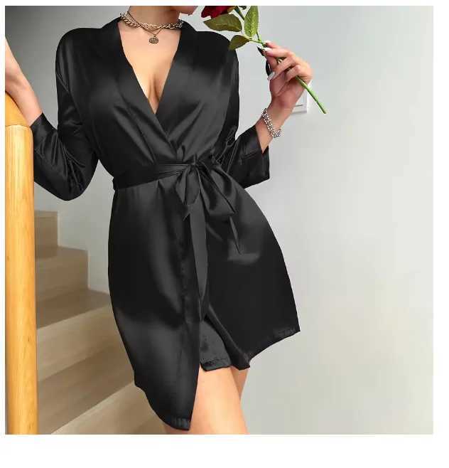 Pajamas women summer European and American ladies lace-up bathrobe sexy morning gown home dress can wear ice silk robe C251216