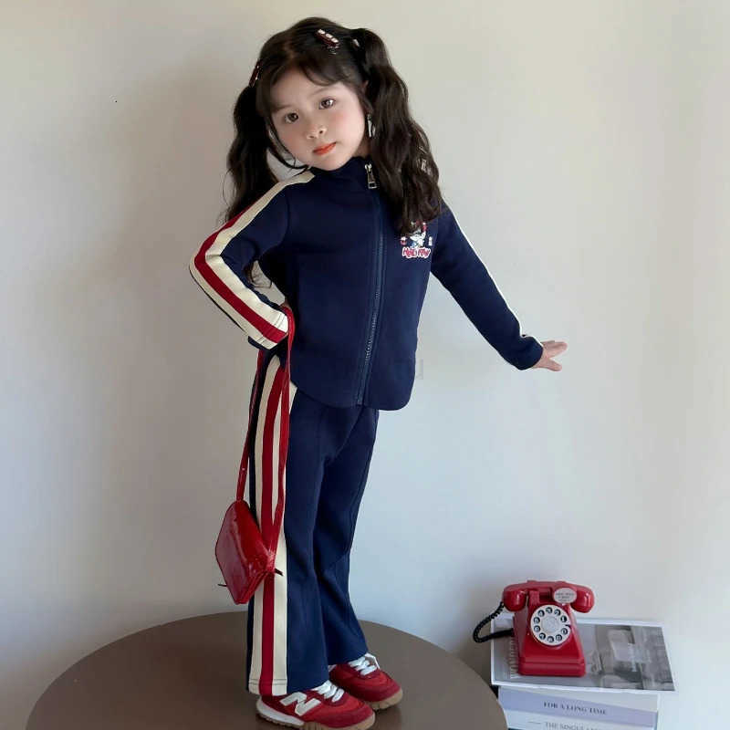 Sanrio Girl Clothes Set Autumn Kid Sweatshirts Pullover Cute Hello Kitty Zipped Top Striped Pants 2pcs Suit Children Sweet Tracksuits H251216