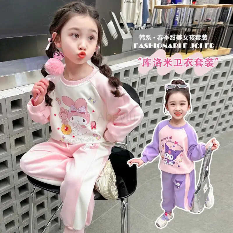 Sanrio Hello Kitty Western-style Little Girls Sports Style Hoodie Two-piece Set for Spring Kawaii Y2k Anime Childrens Clothing H251216