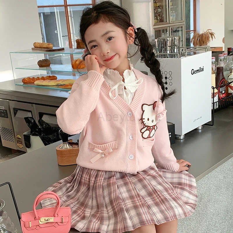 Sanrio 3Pcs Y2K Kuromi Hello Kitty Girls Clothing Cardigan Jk Plaid Skirt Highquality Shirt Sweater Springautumn Teen College Set H251216