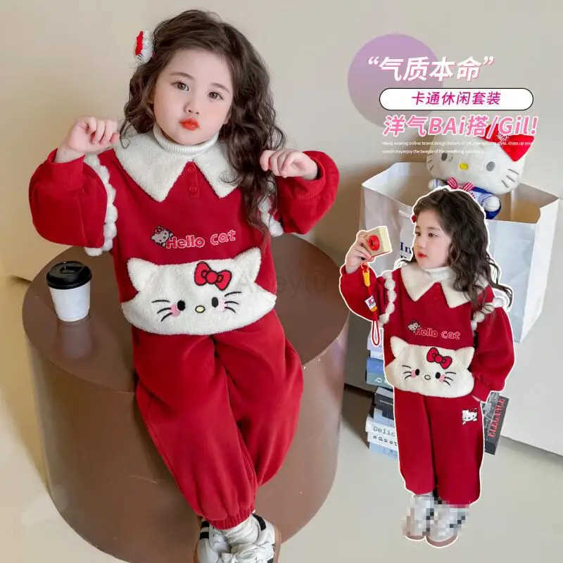 Sanrio Christmas Girls Hellokitty Cartoon Sportswear 2025 Winter New Kawaii Anime Thick Warm Coat 2Pcs Korean Style Fashion Sweet Sets H251216