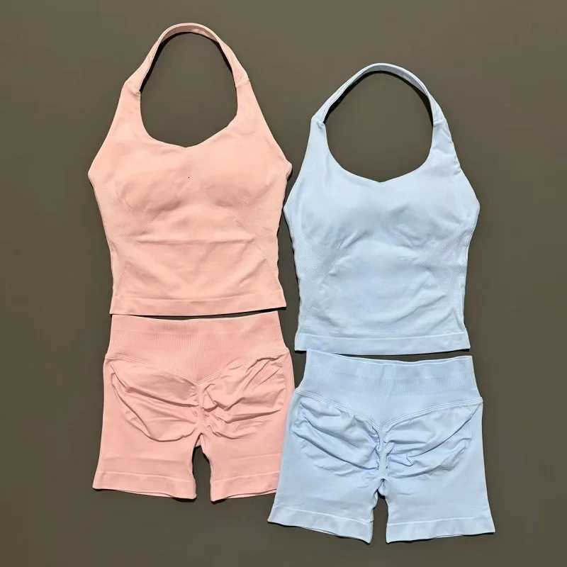 2 Pieces Shorts Yoga Set Women Backless Halter Tops High Waist Seamless Shorts Gym Suit Fitness Sportswear Workout SetsXJ251216