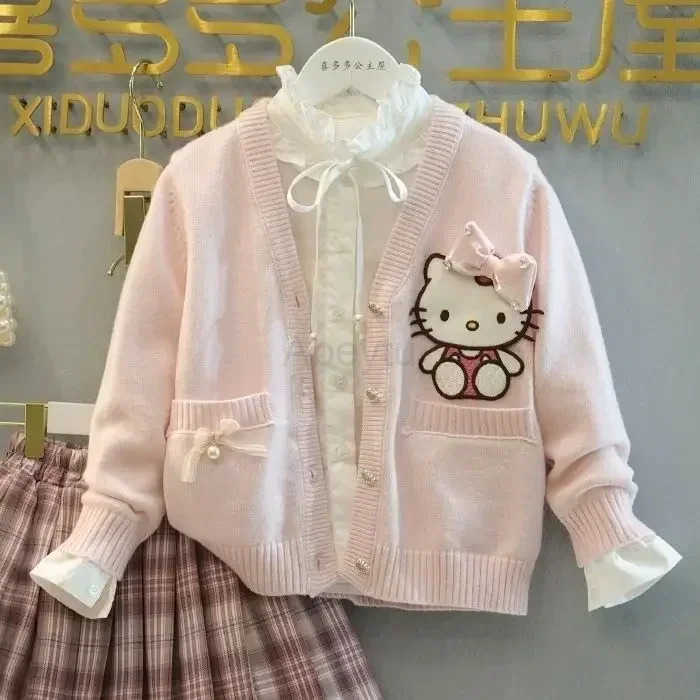 Sanrio Hello Kitty Anime MINISO Long Sleeve Jacket Skirt Set Spring JK Cute Knit Kawaii Cardigan Pleated Clothing Dress Gifts for Girls H251216
