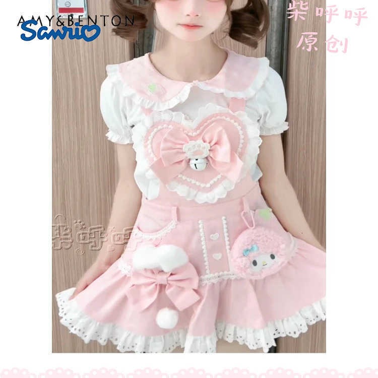 Sanrio Kawaii Girl Pink Strap Skirt Sets Summer New Sweet Cute Bow Love Suspender Slim Mini Dress Shirt Two Piece Sets Womens Outifits H251216