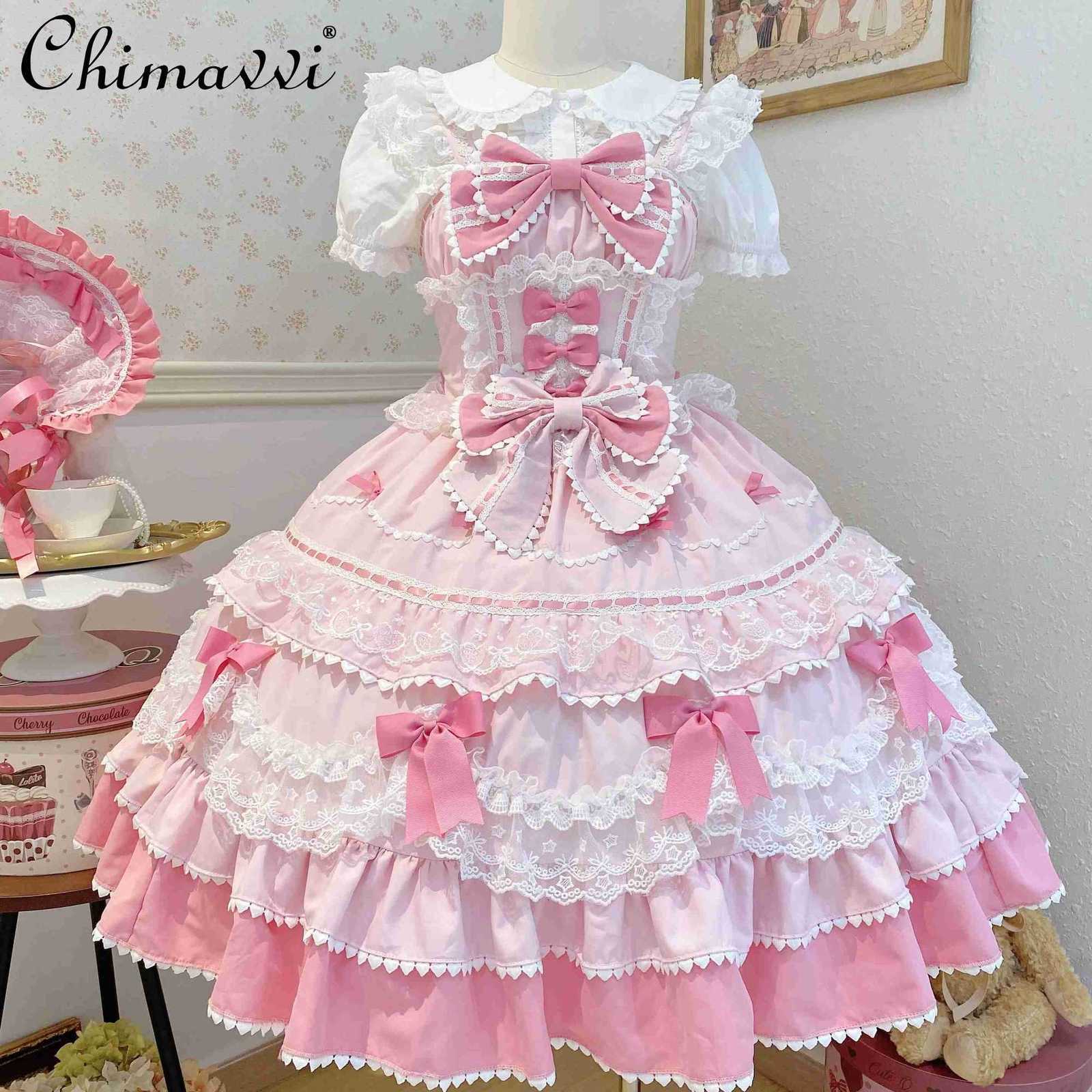 Sanrio New 2025 Summer Original Sweet Lolita Jsk Dress Cute Bow Lace Stitching Kawaii Girls Women Elegant Slim Suspender Dresses H251216