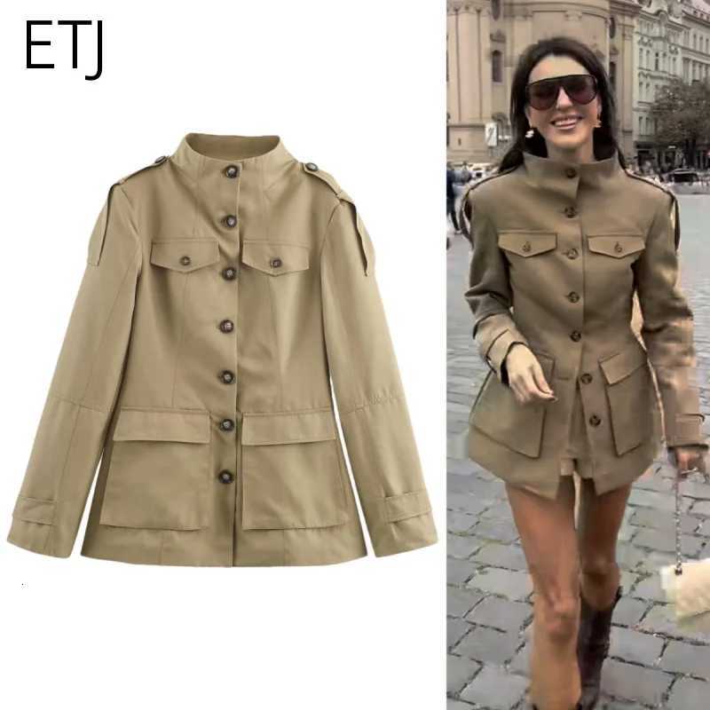 ETJ 2025 autumn new womens military style large pocket stand collar slim coat epaulettes decorated trench coatT251216