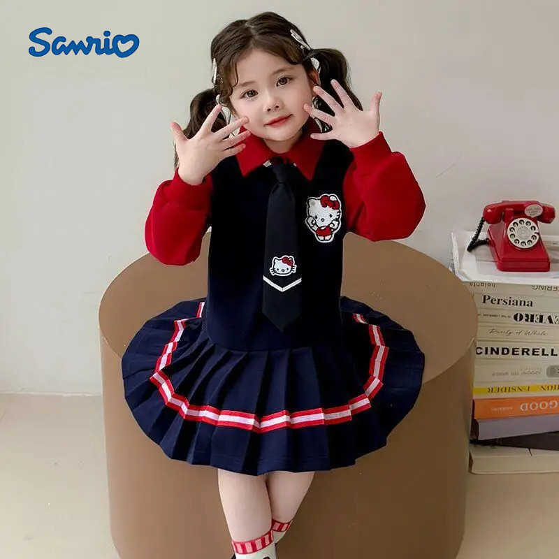 Sanrio Hello Kitty Dress Pleated Skirt Princess Dress Girl College Style Children Spring Fall Kawaii Fashion New Casual Clothing H251216