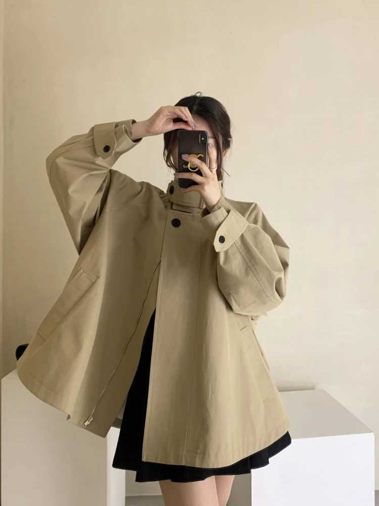Korean Style 2025 New in Autumn and Winter Fashionable Khaki Color Stand Collar Dress Coat for Women with Stylish Flared HemT251216