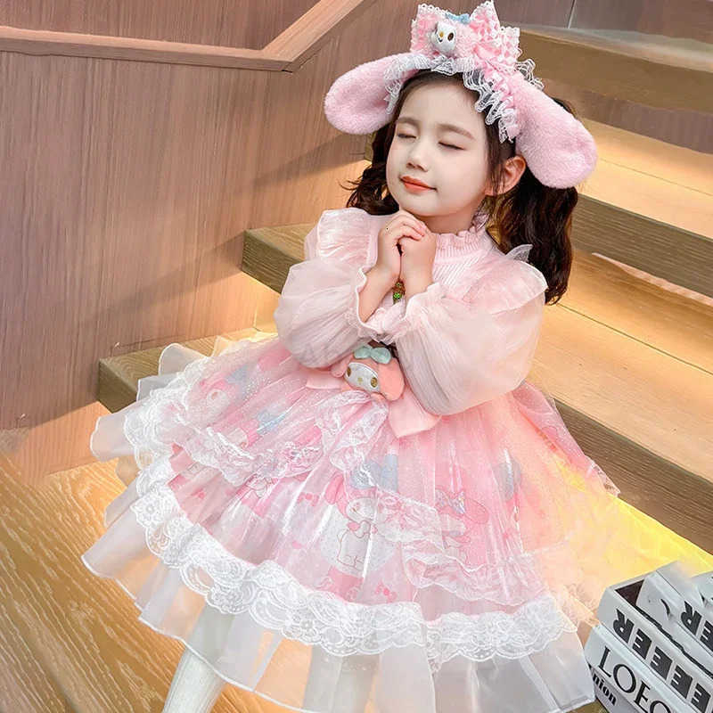 Sanrio Anime My Melody Girls Lolita Princess Dress Lace Party Dress Bow Decoration Knitted Dress Ruffled Tutu Skirt Layered Dress Gift H251216