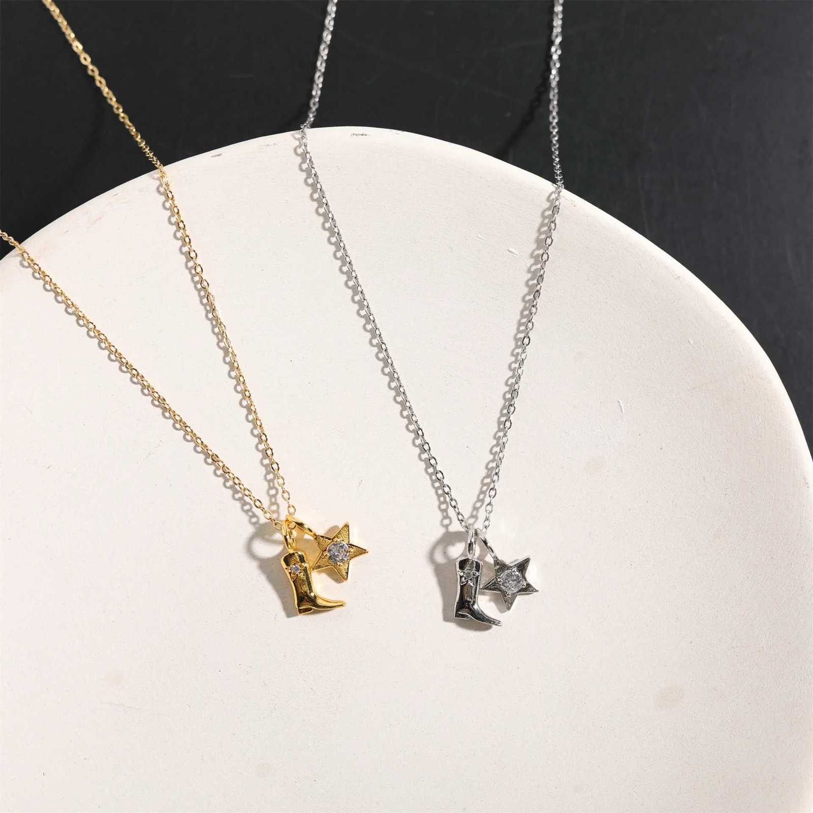 Stainless steel 18K gold-plated zirconium inlaid denim boots star pendant necklace vintage art neutral personality necklace t M251216