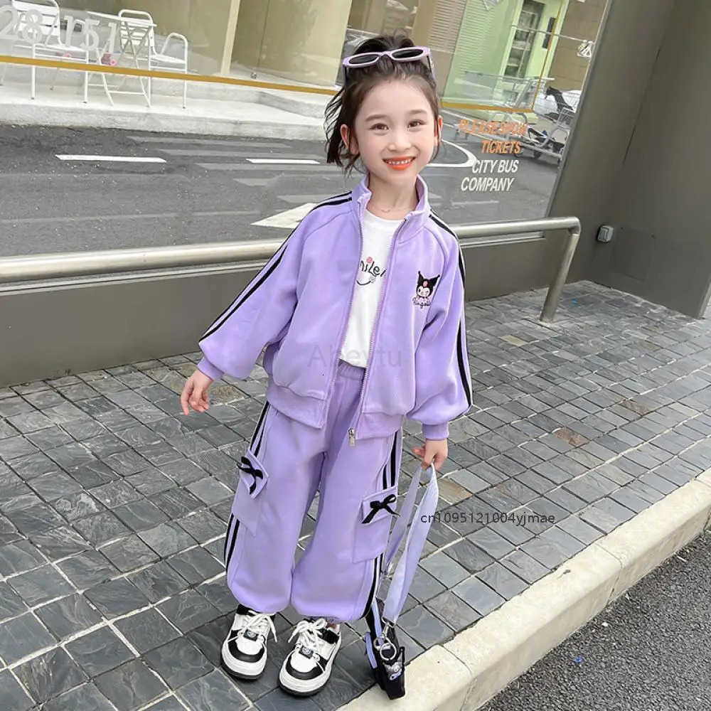 Sanrio 2Pcs Cartoon Kuromi Childrens Sports Set Coat Pants Anime Cartoon Spring Autumn Girl Korean Fashion Casual Zipper Jacket H251216