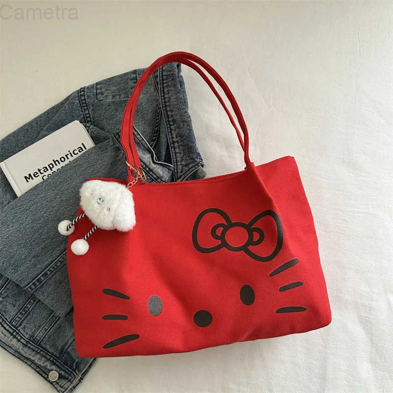 Sanrio Hello Kitty Anime Figures Canvas Tote Bag for Women Large Cute Cartoon Shoulder Bag Fashion Versatile Commuting Handbag H251216