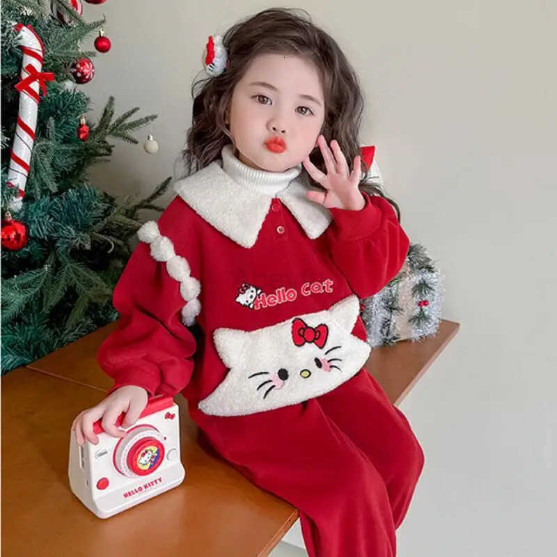 Sanrio Christmas Girls Hellokitty Cartoon Sportswear 2025 Winter New Kawaii Anime Thick Warm Coat 2Pcs Korean Style Fashion Sweet Sets H251216