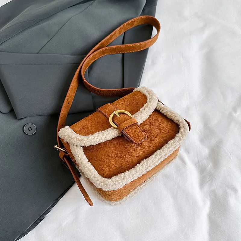 Autumn Winter Plush Bag Womens Korean Small Square Handbags New Suede Lamb Wool Patchwork Shoulder Crossbody Bags M251216
