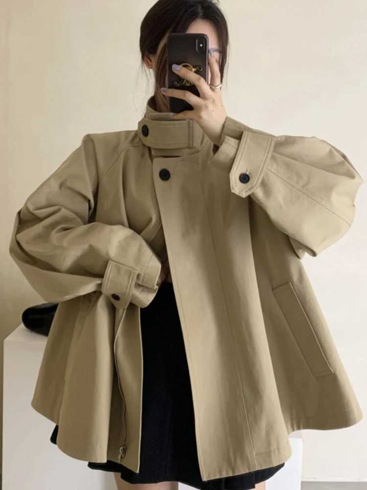 Korean Style 2025 New in Autumn and Winter Fashionable Khaki Color Stand Collar Dress Coat for Women with Stylish Flared HemT251216